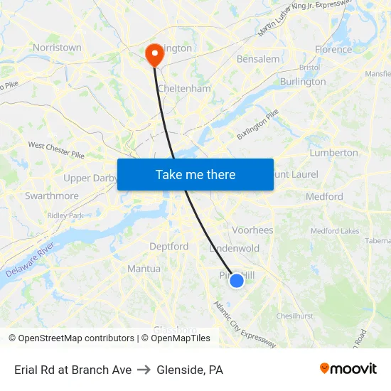 Erial Rd at Branch Ave to Glenside, PA map