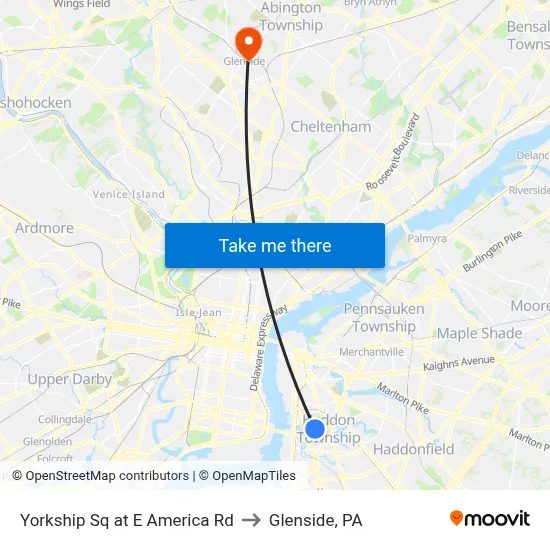 Yorkship Sq at E America Rd to Glenside, PA map