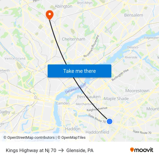 Kings Highway at Nj 70 to Glenside, PA map