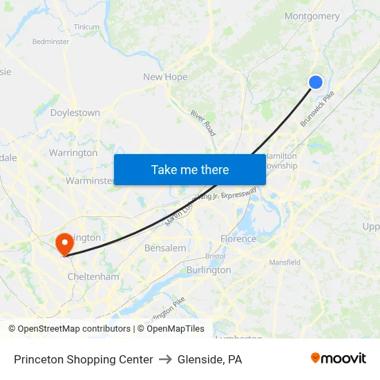 Princeton Shopping Center to Glenside, PA map