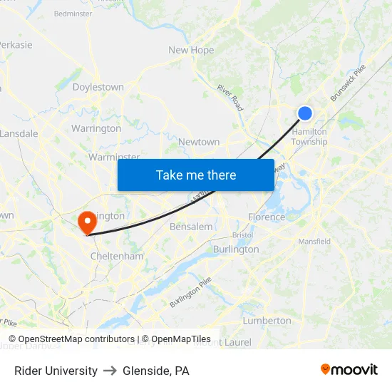 Rider University to Glenside, PA map