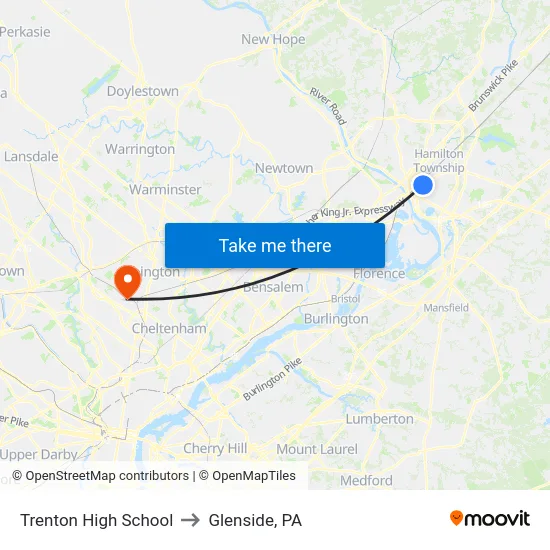 Trenton High School to Glenside, PA map