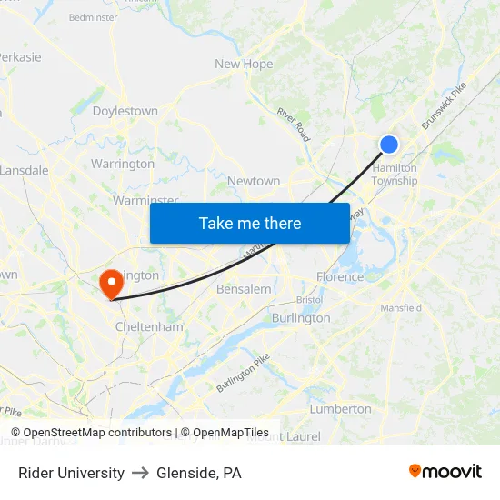 Rider University to Glenside, PA map