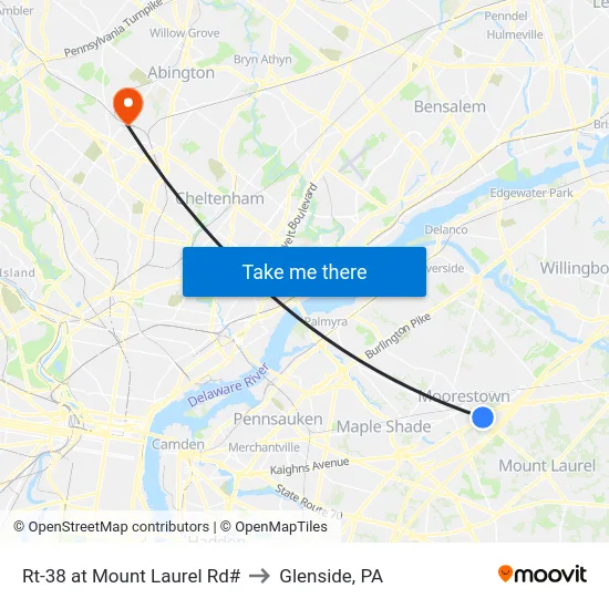 Rt-38 at Mount Laurel Rd# to Glenside, PA map