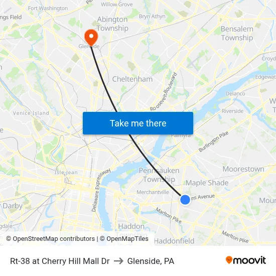 Rt-38 at Cherry Hill Mall Dr to Glenside, PA map