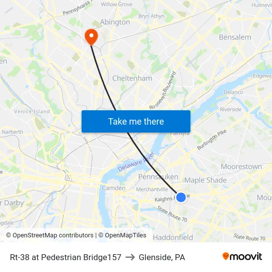 Rt-38 at Pedestrian Bridge157 to Glenside, PA map