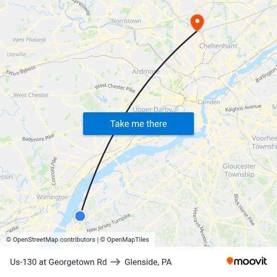 Us-130 at Georgetown Rd to Glenside, PA map