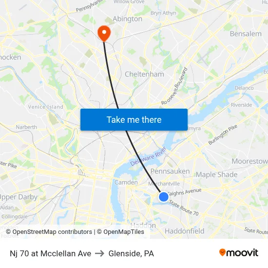 Nj 70 at Mcclellan Ave to Glenside, PA map
