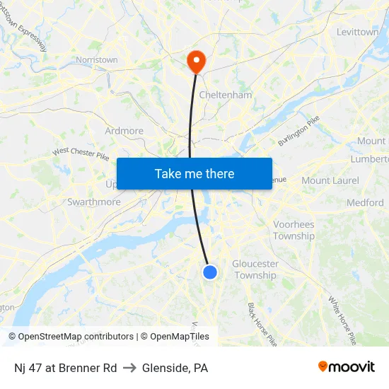 Nj 47 at Brenner Rd to Glenside, PA map