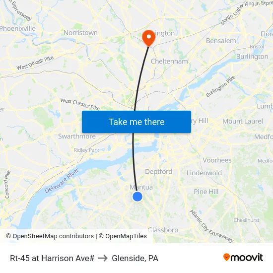 Rt-45 at Harrison Ave# to Glenside, PA map
