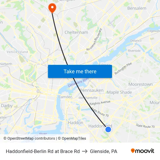 Haddonfield-Berlin Rd at Brace Rd to Glenside, PA map