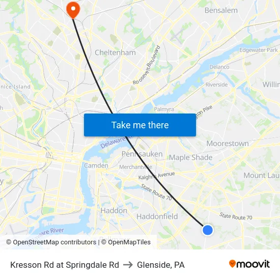 Kresson Rd at Springdale Rd to Glenside, PA map