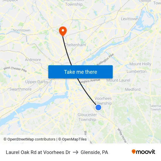 Laurel Oak Rd at Voorhees Dr to Glenside, PA map