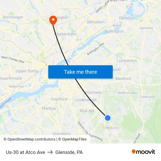 Us-30 at Atco Ave to Glenside, PA map