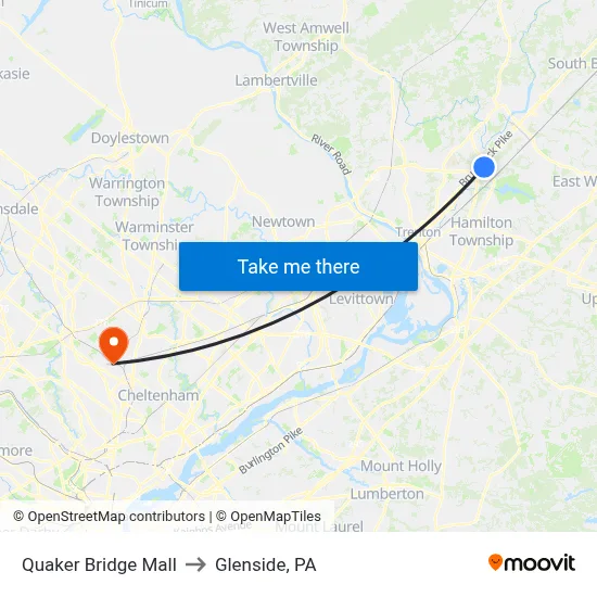 Quaker Bridge Mall to Glenside, PA map