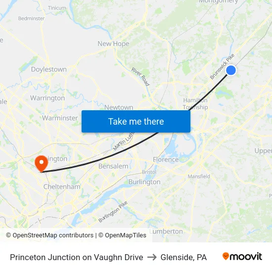 Princeton Junction on Vaughn Drive to Glenside, PA map