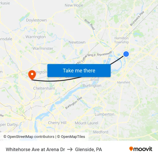Whitehorse Ave at Arena Dr to Glenside, PA map