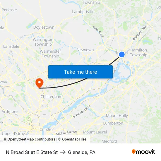 N Broad St at E State St to Glenside, PA map