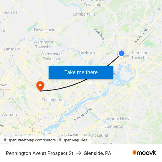 Pennington Ave at Prospect St to Glenside, PA map
