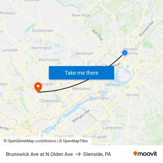 Brunswick Ave at N Olden Ave to Glenside, PA map
