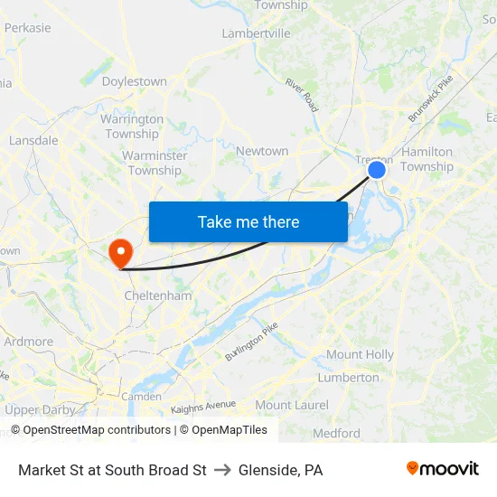 Market St at South Broad St to Glenside, PA map