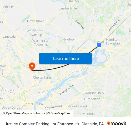 Justice Complex Parking Lot Entrance to Glenside, PA map