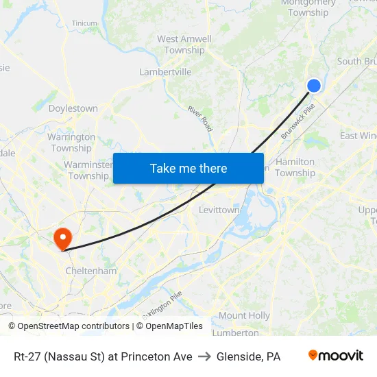 Rt-27 (Nassau St) at Princeton Ave to Glenside, PA map