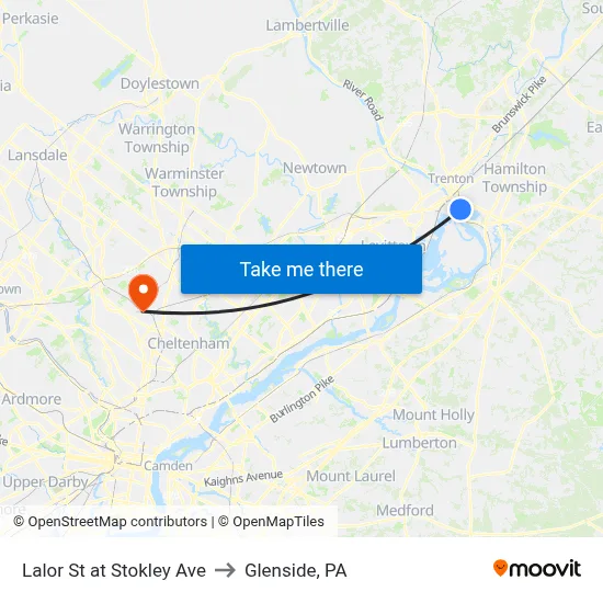 Lalor St at Stokley Ave to Glenside, PA map