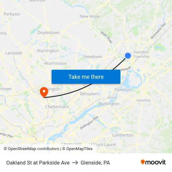 Oakland St at Parkside Ave to Glenside, PA map