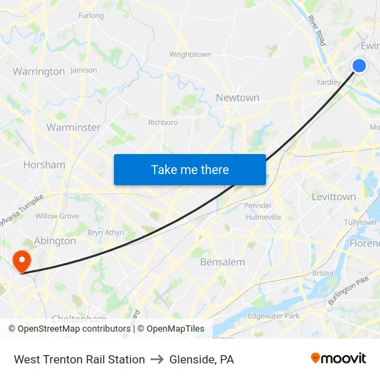 West Trenton Rail Station to Glenside, PA map