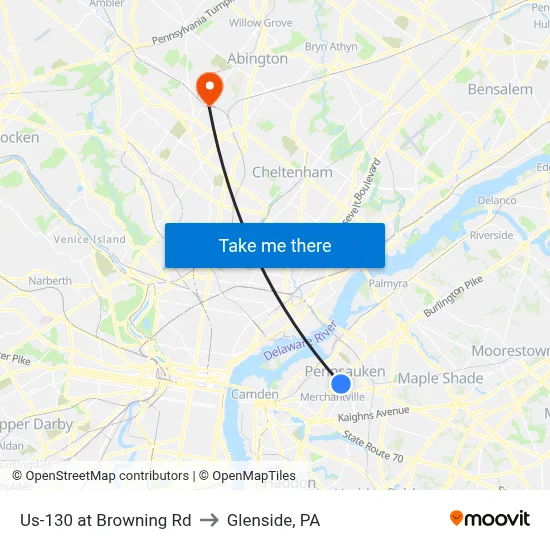 Us-130 at Browning Rd to Glenside, PA map