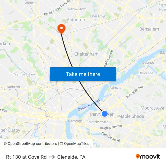 Rt-130 at Cove Rd to Glenside, PA map