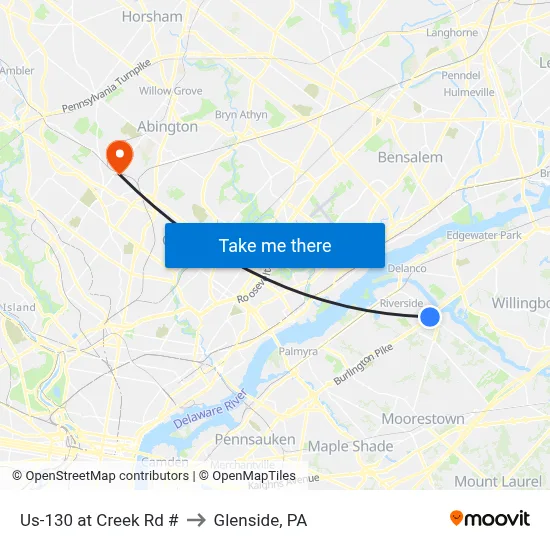 Us-130 at Creek Rd # to Glenside, PA map