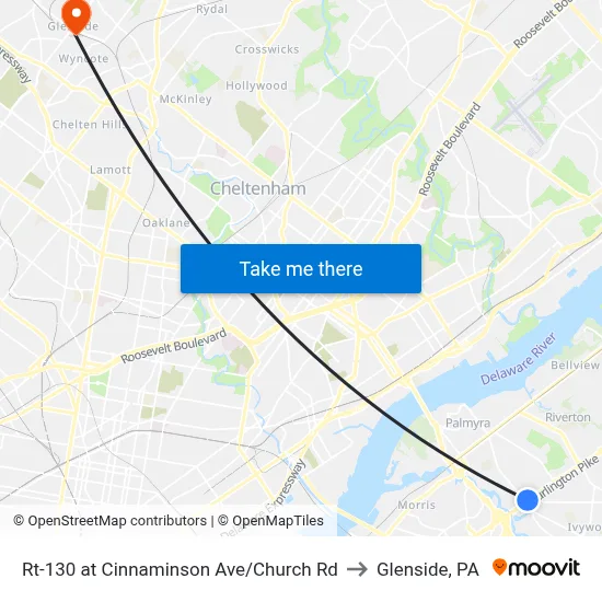 Rt-130 at Cinnaminson Ave/Church Rd to Glenside, PA map