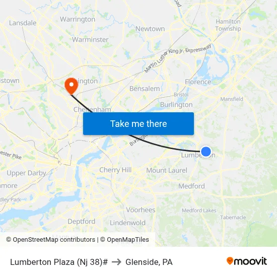 Lumberton Plaza (Nj 38)# to Glenside, PA map
