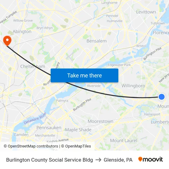 Burlington County Social Service Bldg to Glenside, PA map