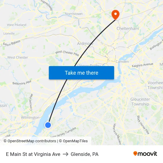 E Main St at Virginia Ave to Glenside, PA map