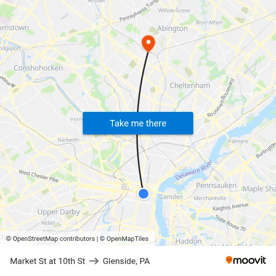 Market St at 10th St to Glenside, PA map