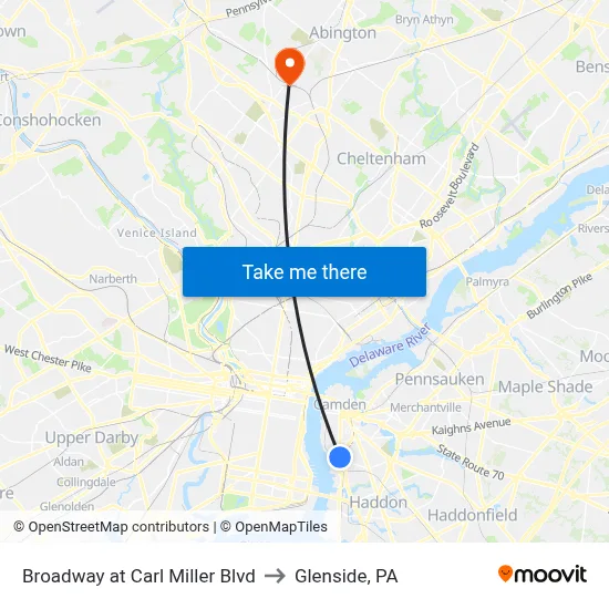 Broadway at Carl Miller Blvd to Glenside, PA map