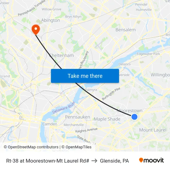 Rt-38 at Moorestown-Mt Laurel Rd# to Glenside, PA map