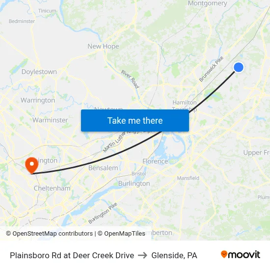 Plainsboro Rd at Deer Creek Drive to Glenside, PA map