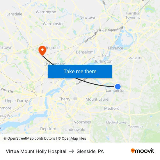 Virtua Mount Holly Hospital to Glenside, PA map