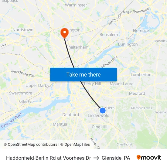 Haddonfield-Berlin Rd at Voorhees Dr to Glenside, PA map