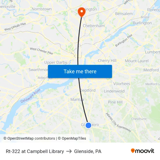 Rt-322 at Campbell Library to Glenside, PA map