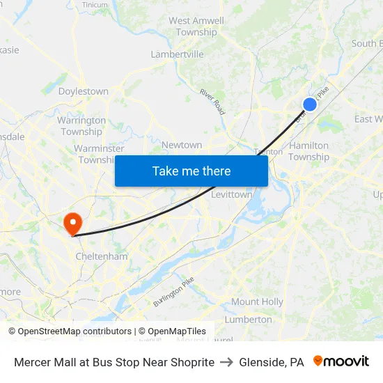 Mercer Mall at Bus Stop Near Shoprite to Glenside, PA map