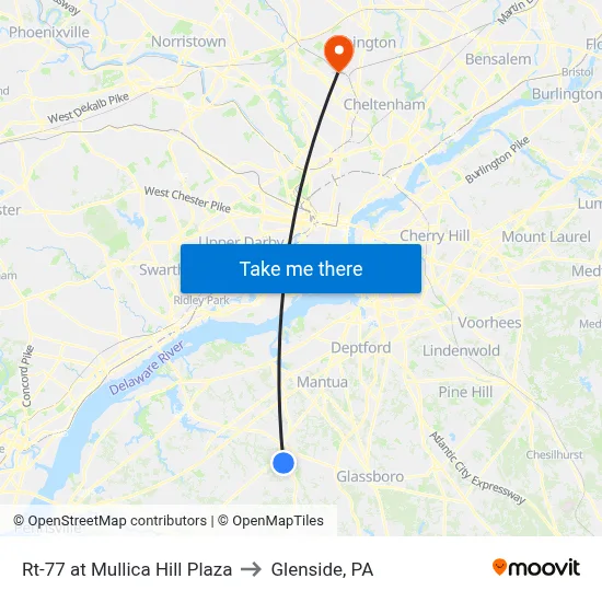 Rt-77 at Mullica Hill Plaza to Glenside, PA map