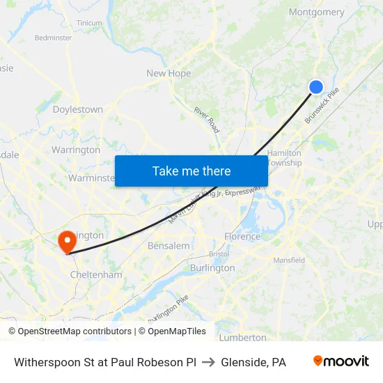Witherspoon St at Paul Robeson Pl to Glenside, PA map