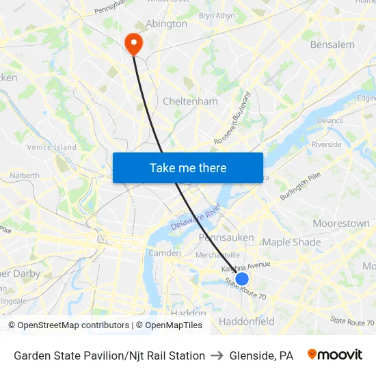 Garden State Pavilion/Njt Rail Station to Glenside, PA map
