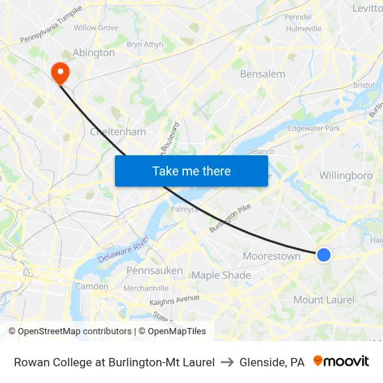 Rowan College at Burlington-Mt Laurel to Glenside, PA map