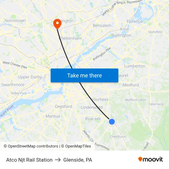 Atco Njt Rail Station to Glenside, PA map